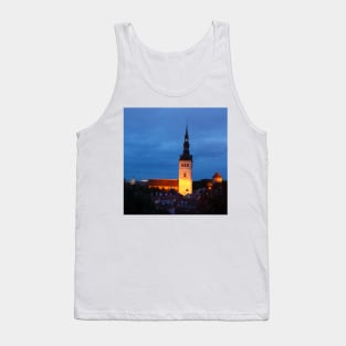 Nicholas Church, Niguliste Kirik, view from Toompea to Lower Town, Old Town at dusk, Tallinn, Estonia, Europe Tank Top